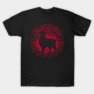 Live Deliciously - Occult Goat Red - Vintage Woodcut Witch T-Shirt